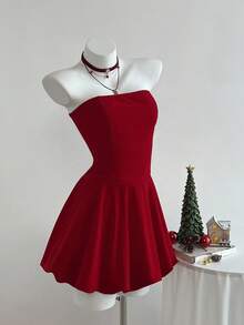 SHEIN Unity Women's Dark Strapless Backless Bubble Ruffle Hem Sleeveless Mini Dress,Elegant Summer Party Wedding Minimalist Fashion Everyday Wear - Burgundy - View 3