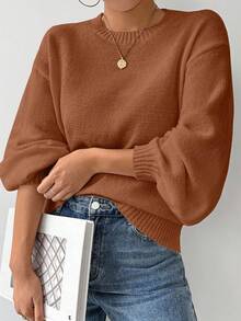 SHEIN LUNE Loose Round-Neck Lantern Sleeveharmony Drop Shoulderknitted Sweater - Redwood - View 5