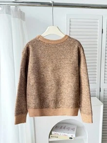 Áo len oversize trễ vai họa tiết nơ da báo cho bé gái tuổi mới lớn - Màu Khaki - Xem 2