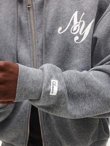 SUMWON 短款休闲拉链连帽衫，纽约印花，基本款全前拉链运动衫，日常穿着必备春秋冬街头服饰 - 灰色 - 查看 5