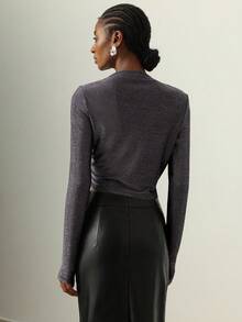 Vesra 女式优雅褶饰修身长袖T恤，秋季 - 黑色 - 查看 2