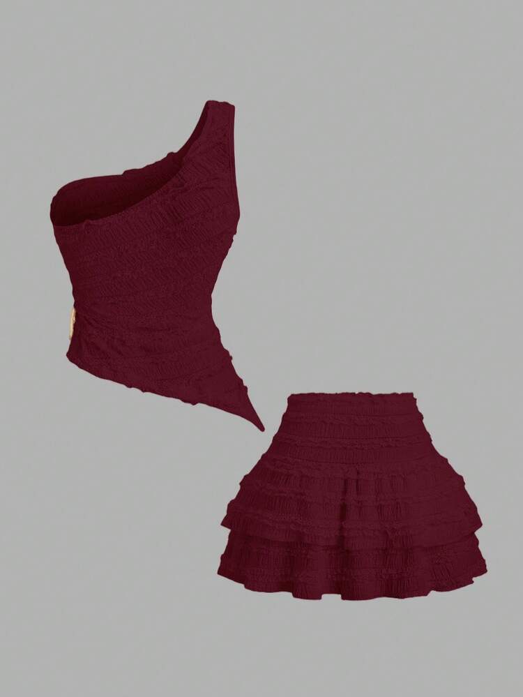 Sweetra Conjunto elegante de top de cuello asimétrico y falda con peplum, para verano - Burdeos - Añade 2