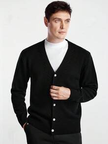 Manfinity CityGents Men's Solid Color V-Neck Drop Shoulder Long Sleeve Casual Button-Front Cardigan, Versatile, For Fall Winter