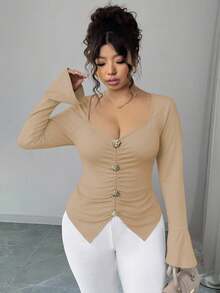 Elenzga Plus Size V-Neck Metal Button Flare Sleeve Fitted T-Shirt - Khaki - View 3