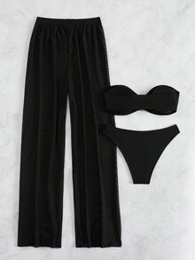 SHEIN Swim Summer Beach Plain Bandeau Bikini Set With Cover Up Pants - Black - View 6
