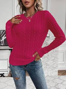 EMERY ROSE Suéter de cuello redondo de punto de cable de unicolor casual, otoño/invierno - Rosa Fucsia - Ver 6