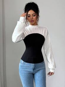 SHEIN Elenzya Women's Elegant Casual Polka Dot Patchwork Stand Collar Lantern Sleeve Pleated Blouse, Suitable For Women's Daily Life, Work, Commuting, Autumn/Winter Season - Black and White - View 6