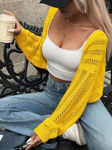 Batwing Sleeve Hollow Out Lightweight Knit Cardigan - Yellow - View 3