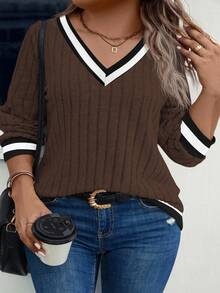 EMERY ROSE 女式加大码V领撞色边柔软加大码罗纹针织运动衫，秋冬 - 咖啡棕 - 查看 1