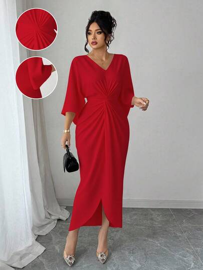 Elenzga Plus Size V-Neck Cinched Waist Bodycon Dress