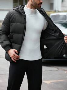 Manfinity Homme Plus Size Men's Solid Color Long Sleeve Zip-Up Casual Hooded Winter Jacket, For Fall - Black - View 5