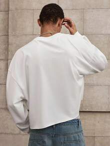 SWAVVY 男士春秋圆领长袖套头衫，带白色丝网印花标志，适合秋冬 - 白色 - 查看 2