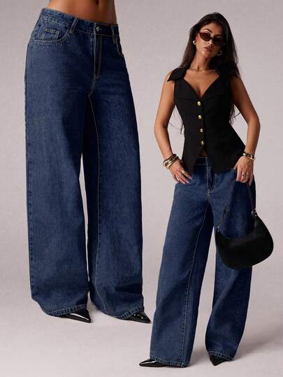 SHEIN Forever 21 Spring & Summer Women Romantic/Prom/Formal/Birthday/90s /Business Casual/Elegant/Western Wear/Going Out/Fashion/Casual/Y2k/Club/Office /Cocktail/Vintage/Rave/Funny/Classy/Old Money/Streetwear/Vacation/Country Concert/Work/Modest/Spring Break/Bachelorette/Concert/Baddie/Basic/Graduation/Blue Washed Low Rise Baggy Straight Leg Cowgirl Jeans Y2k