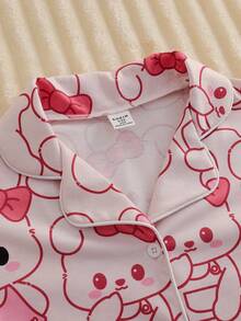 Girls Cute Rabbit Print Long Sleeve Loungewear Set, Comfortable & Casual Fall Winter - Pink - View 6