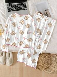 少女睡衣套装，粉色小熊蝴蝶结印花白色针织T恤，荷叶边装饰，长袖长裤，休闲家居服 - 白色 - 查看 2