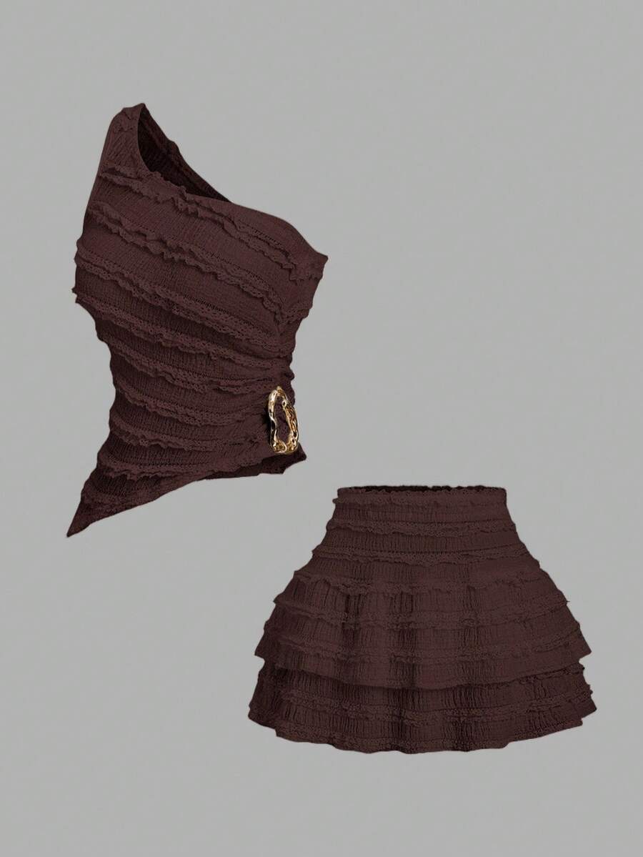 Sweetra Sexy Outfit - Asymmetrical Shoulder Top + Peplum Mini Skirt - Coffee Brown - View 1