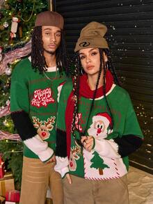 AXEPEAK 男士圣诞老人图案圆领落肩长袖休闲毛衣，秋冬 - 綠色 - 查看 1