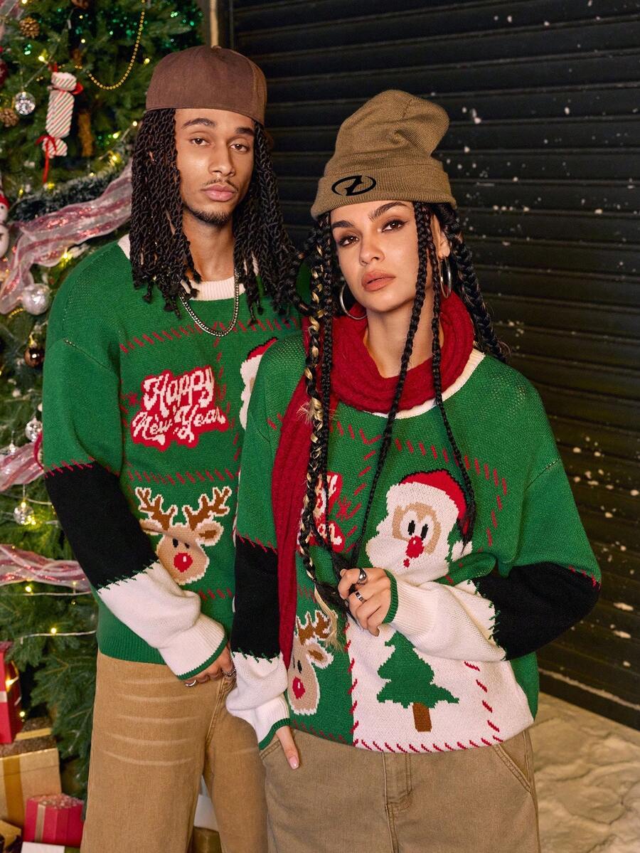 AXEPEAK 男士圣诞老人图案圆领落肩长袖休闲毛衣，秋冬 - 綠色 - 查看 1