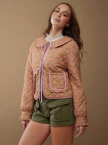 WESTFADE 彼得潘领蝴蝶结前长袖宽松花卉羽绒夹克，可爱，秋季，秋季，冬季，休闲，西部风，牛仔风，波西米亚风，乡村音乐会风 - 橘色 - 查看 4