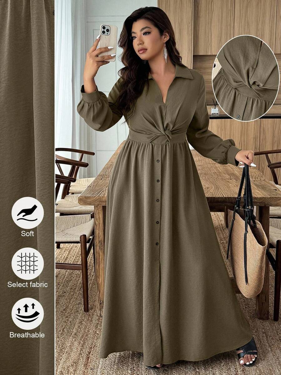 EMERY ROSE Váy thắt nút thường ngày tay dài vai thường cỡ lớn dành cho nữ - xanh quân đội - Xem 1