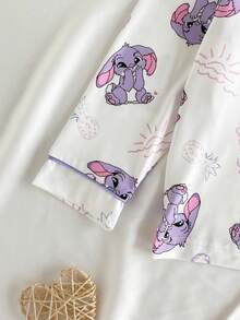 2件套少女可爱卡通垂耳蓝兔印花长袖上衣和裤子舒适休闲睡衣套装 - 淡紫色 - 查看 7