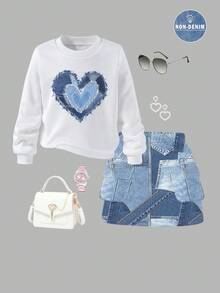 SHEIN ChillGRL 2 件套年轻女孩休闲时尚心形图案圆领运动衫和工装裙套装，适合秋冬春季 - 彩色 - 查看 1