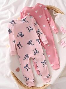 2件套女婴碎花长袖连体衣和打底裤贴身家居服套装，女婴睡衣拉链休闲连体衣 - 粉色 - 查看 2