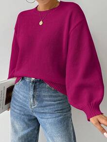 SHEIN LUNE 宽松圆领灯笼袖落肩针织毛衣 - Bold Plum - 查看 4