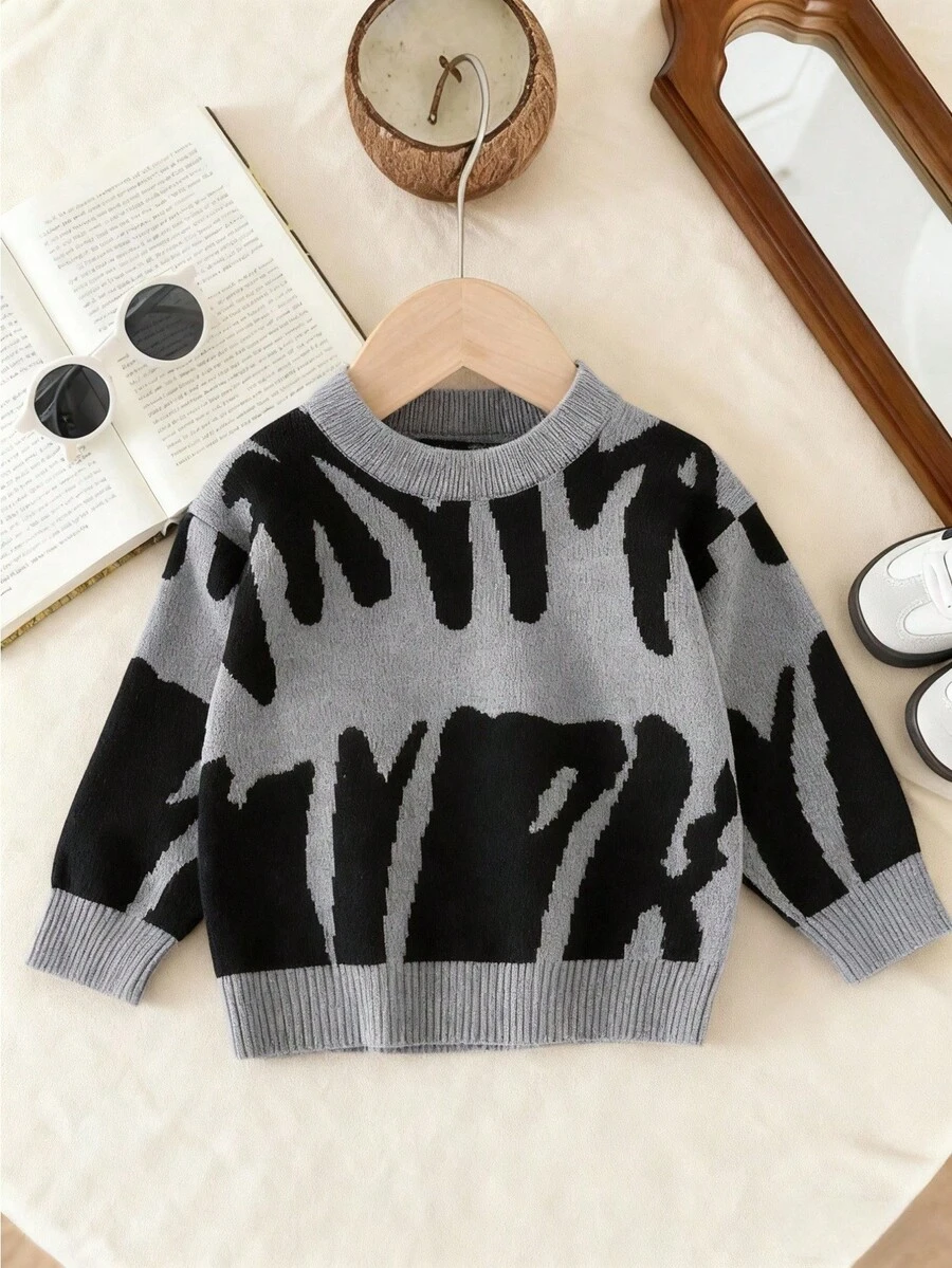 Toddler Boys' Casual Letter Pattern Jacquard Knit Long Sleeve Sweater, Autumn/Winter Fall Baby Boy Jumper Baby Sweaters Knitted Sweater Baby Clothes Fall Sweater Toddler Sweater Baby Knitted Sweater Goose Baby Outfit Toddler Sweater Baby Solid Color Knitted Sweater Sweater For Baby Boy Baby Boy Oversized Crew Neck Baby Boy Jumper Baby Jumper Baby Knitted Sweater Baby Solid Color Knitted Sweater