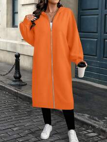 EMERY ROSE Chaqueta casual con capucha con cremallera y gráfico de letras para mujer de talla grande en otoño - Naranja - Ver 6