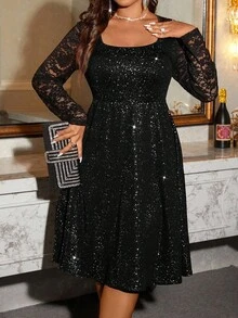 SHEIN PETITE CURVE Damen Cocktailkleid in Große Größen/Petite Serie mit silbernen Pailletten und Kontrastspitze