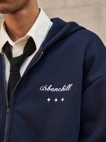 SWAVVY Men's Casual Daily Commute Fashion Street Hoodie With Letter & Number Embroidery, Zip-Up Front, Spring/Autumn, For Fall Winter - Blue - View 4