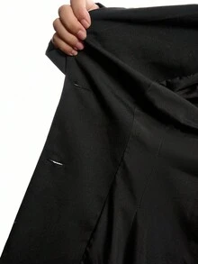 LYSMO 2025新款极简秋冬女式纯色腰带荷叶边下摆前扣长袖西装外套黑色女式西装套装女士职业装黑色套装女式裙装 - 黑色 - 查看 9