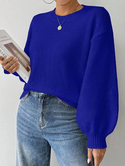 Celisse Suéter holgado de cuello redondo, manga farol y hombros caídos, tejido, manga larga, para otoño e invierno