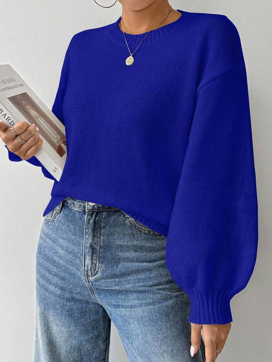 EMERY ROSE Loose Round-Neck Lantern Sleeveharmony Drop Shoulderknitted Sweater - Baby Blue - View 1