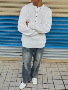 Manfinity CasualKnits 男士休闲纯色简约纽扣开衫，适合秋冬 - 白色 - 查看 4