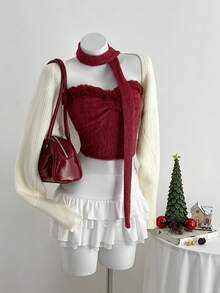 Elamini 1pc Women's Red Scarf Collar Fuzzy Patchwork Tube Top, Stylish Design For Party, Christmas, Valentine's Day