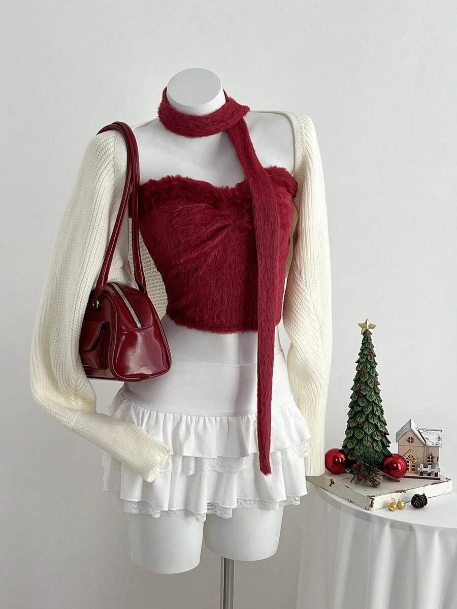 Elamini 1pc Women's Red Scarf Collar Fuzzy Patchwork Tube Top, Stylish Design For Party, Christmas, Valentine's Day