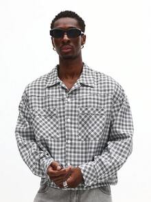 SUMWON 短款纽扣长袖格子衬衫休闲宽松街头风上衣，带胸袋 - 黑與白 - 查看 6