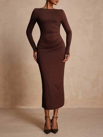 Vesra 优雅露背金属装饰腰部修身针织连衣裙，适合女士、派对和聚会