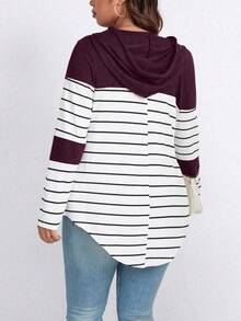 EMERY ROSE Plus Size Color Block Striped Hooded Casual T-Shirt Graphic Tees Women Tops - Red Violet - View 2