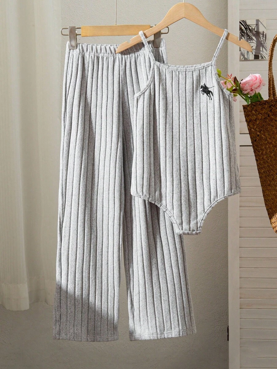 青少年女孩时尚休闲百搭修身罗纹吊带背心连体裤 - 灰色 - 查看 1