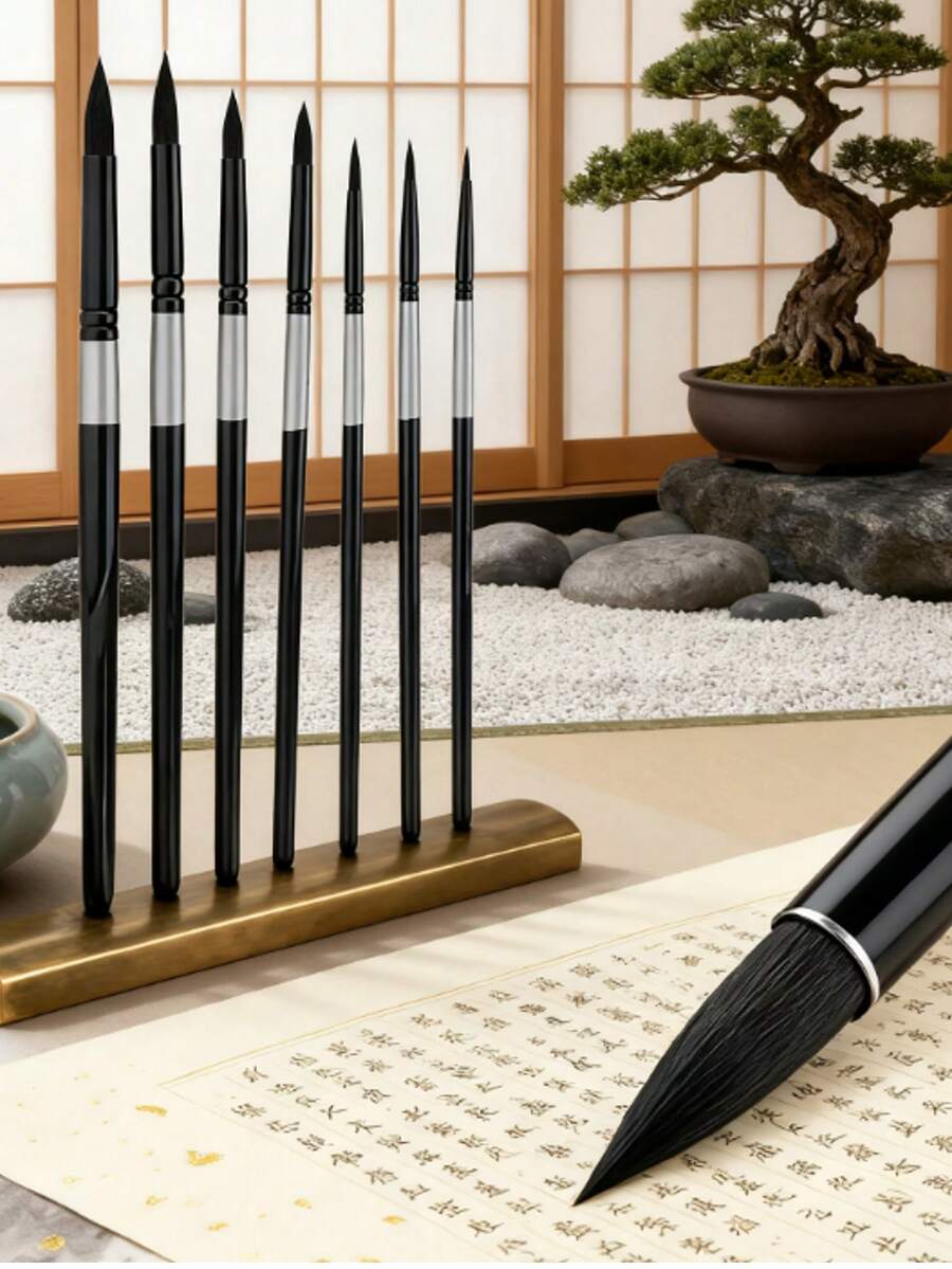 7pcs Squirrel Hair Watercolor Paintbrush Set - Professional Art Quality, Suitable For Beginners And Gouache Painters, Black Swan Round Tip