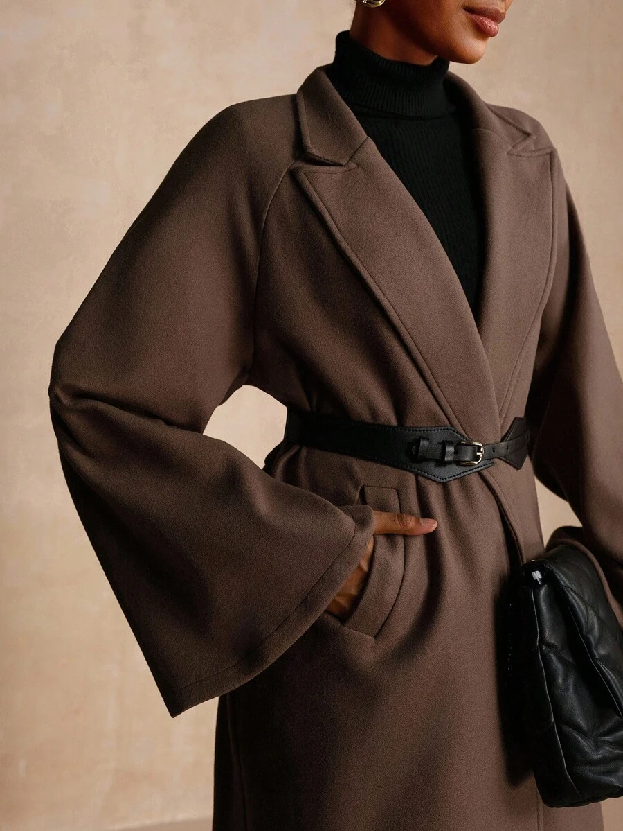 Vesra Abrigo largo de lana suelto, de unicolor, con cuello de solapa y manga larga, versátil y de moda para mujer