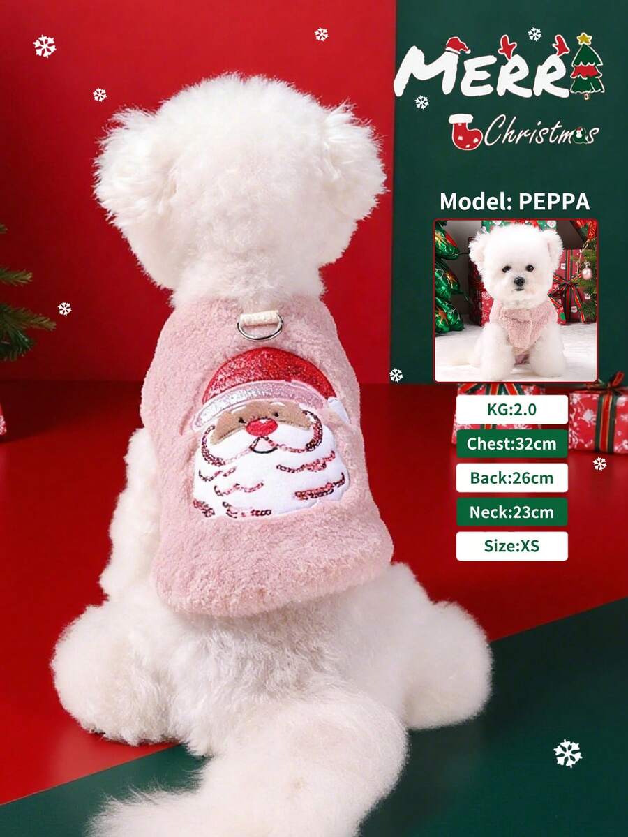 PETSIN 1pc Pet Clothing, Cute Embroidered Bearded Santa Claus Christmas Outfit, Autumn And Winter Thick Cotton Vest, Cat And Dog Clothing And Apparel - Pink - View 1