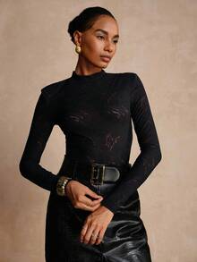 Vesra Camiseta de mujer de manga larga, ajustada, elegante y sexy con estampado de cebra y leopardo transparente y encaje acolchado en los hombros