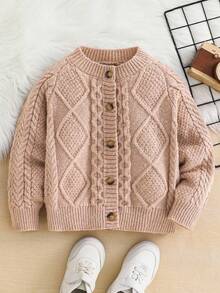 SHEIN 1pc Young Boys Casual Loose Fit Round Neck Pullover Striped Button Front Long Sleeve Comfortable Warm Knitted Sweater, Suitable For Outdoor School, Garden, Beach, Birthday, Baby Shower Party In Autumn/Winter - Khaki - View 2