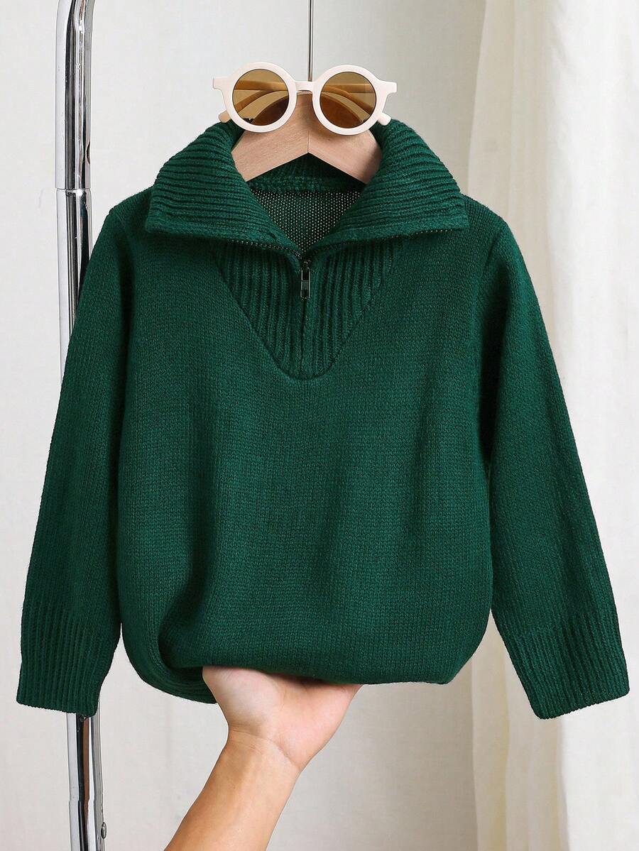 SHEIN Young Boy Casual Versatile Loose Fit Long Sleeve Turndown Collar Half-Zip Sweater, Suitable For Autumn/Winter Fall Turtle Neck Kids Knit Sweater Kids Sweater - Green - View 1