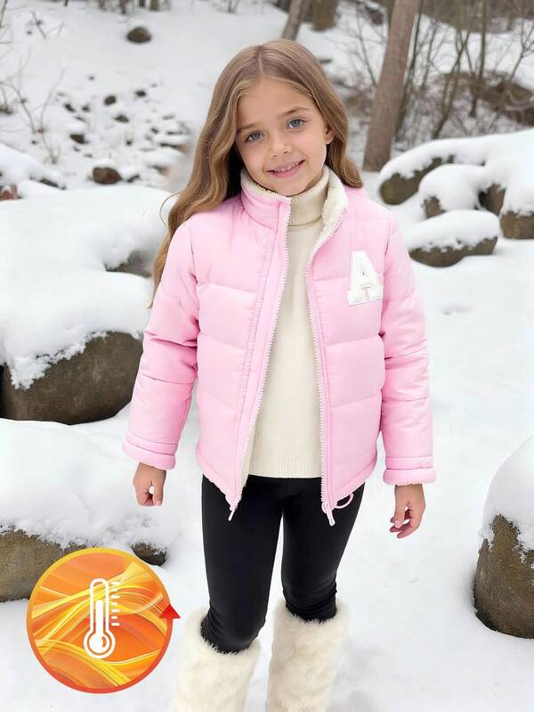 SHEIN Kurtka dziewczęca (mała) z bawełny pikowanej, w kolorze różowego vintage, gruba zimowa odzież uliczna, kołnierz stójka, zapięcie na zamek błyskawiczny z przodu, haftowane litery, ciepła, odpowiednia na jesień/zimę, dojazdy do pracy, sezon powrotu do szkoły