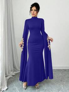 Selianne Đầm dài thanh lịch cổ vuông đính vải cho nữ - Xanh đậm - Xem 3